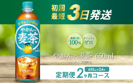 広島県三原市のふるさと納税 【2か月定期便】やかんの麦茶 from 爽健美茶 PET 650ml×24本(1ケース)  最短3日発送 ペットボトル お茶 むぎ茶 飲料 カフェインゼロ 箱買い まとめ買い 014006