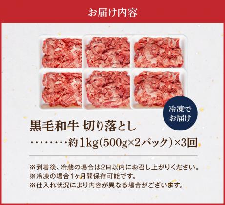 熊本県天草市のふるさと納税 S001-001-T03_【定期便3回】A4～A5等級黒毛和牛 切り落とし1kg(500g×2P)3か月連続お届け