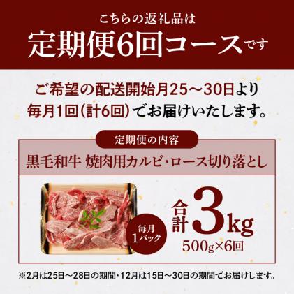 熊本県天草市のふるさと納税 S001-026-T06_【定期便6回】黒毛和牛 焼肉 カルビ ロース 切り落とし 500g A4～A5 6ヵ月連続お届け