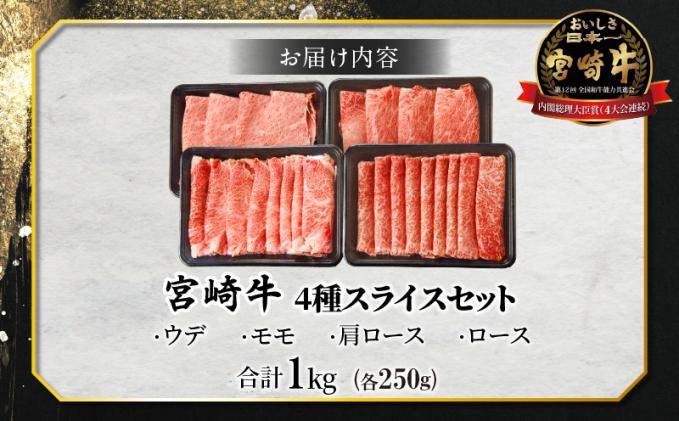 宮崎県都農町のふるさと納税 生産者応援≪肉質等級4等級以上≫宮崎牛4種スライスセット(合計1kg) 肉 牛 牛肉 すき焼き 国産_T030-084