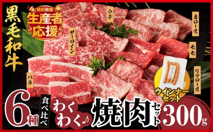 [10月1日より寄附額改定]生産者応援!![期間・数量限定特別規格]≪訳あり≫黒毛和牛(経産牛)6種焼肉セット(合計300g) &粗挽きウインナー 肉 牛 牛肉 おかず 国産_T030-119-U