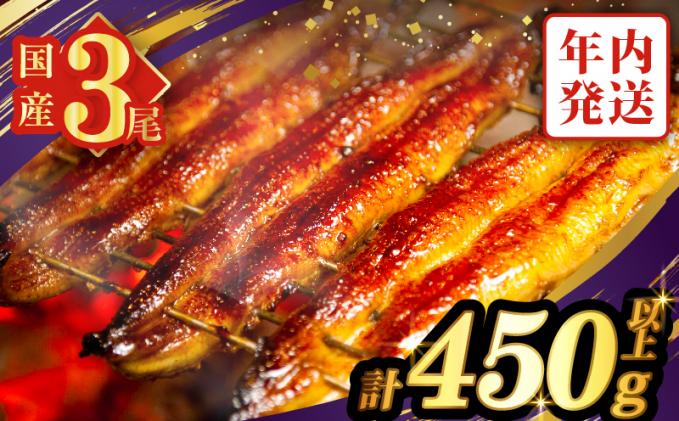 宮崎県都農町のふるさと納税 【年内発送】うなぎ蒲焼3尾(さんしょう・たれ付き)計450g以上 鰻 魚 魚介 加工品 国産_T026-014-12