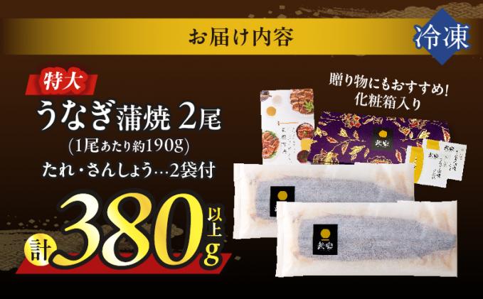 宮崎県都農町のふるさと納税 うなぎ蒲焼特大2尾(さんしょう・たれ付き)計380g以上 鰻 魚 魚介 加工品 国産_T026-0061